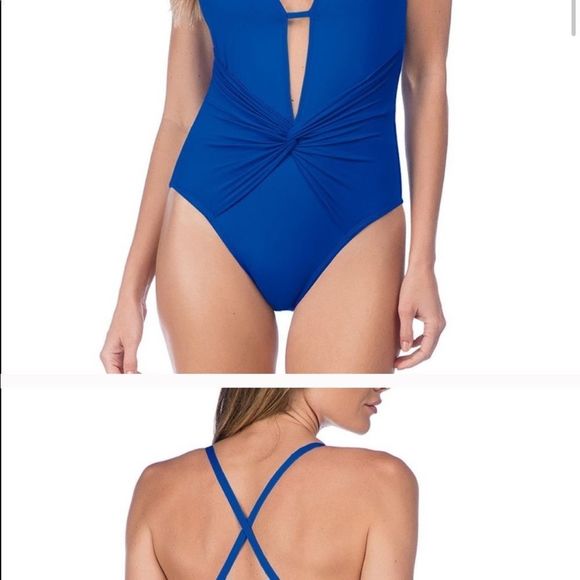 La Blanca Blue Plunge One-Piece - Picture 1 of 8